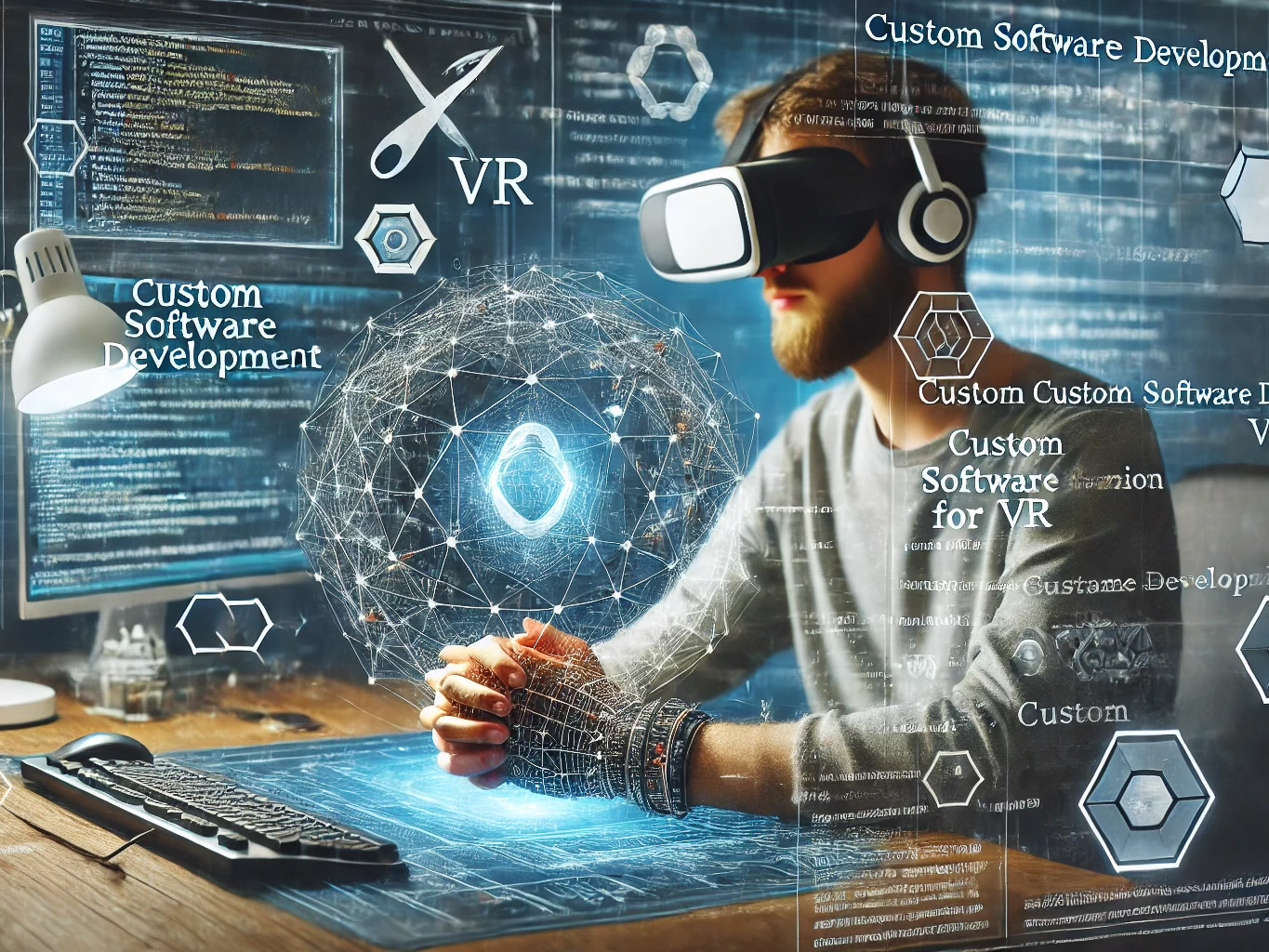 DALL·E 2024-08-08 01.32.16 - A professional and modern image showcasing custom software development for VR. The image should feature VR headsets, coding symbols, and a futuristic